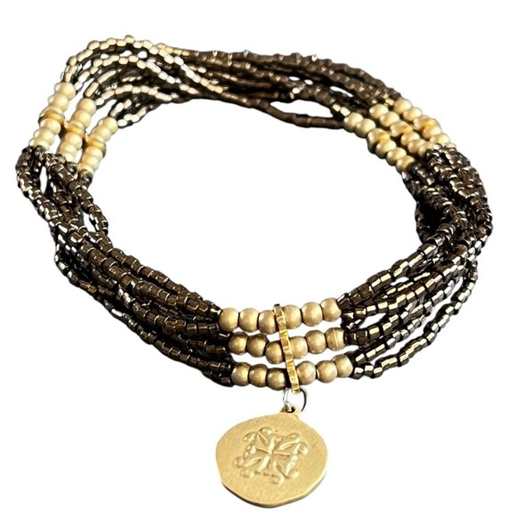 Rustic Cuff Multi Strand Glass Seed Beads and gold stainless Stretch Bracelet - Picture 1 of 3
